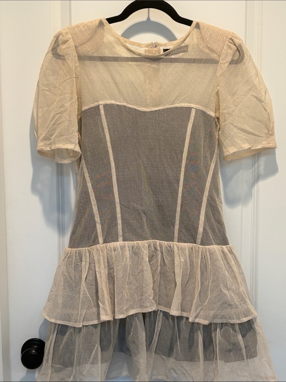 Religion Sheer Layered Mini Dress in Cream Mesh overlay